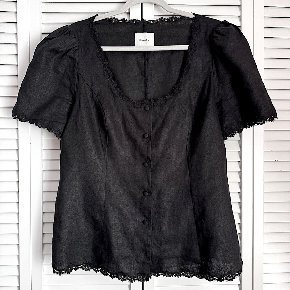 Reformation Anabella Linen Top Button Up Shirt Blouse Black Lace Trim Size 12